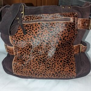 Vintage Y2K Boho Brown Suede Shoulder Bag  with Calf Hair Leopard-Print Front